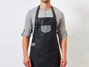 Division waxed-look denim bib apron with faux leather