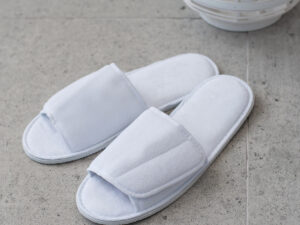 Open-toe slippers with hook and loop strap